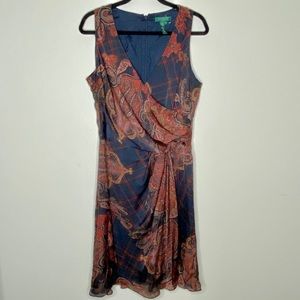 Ralph Lauren Silk Wrap Dress Plaid Paisley Print Maroon Red Green Sleeveless 14